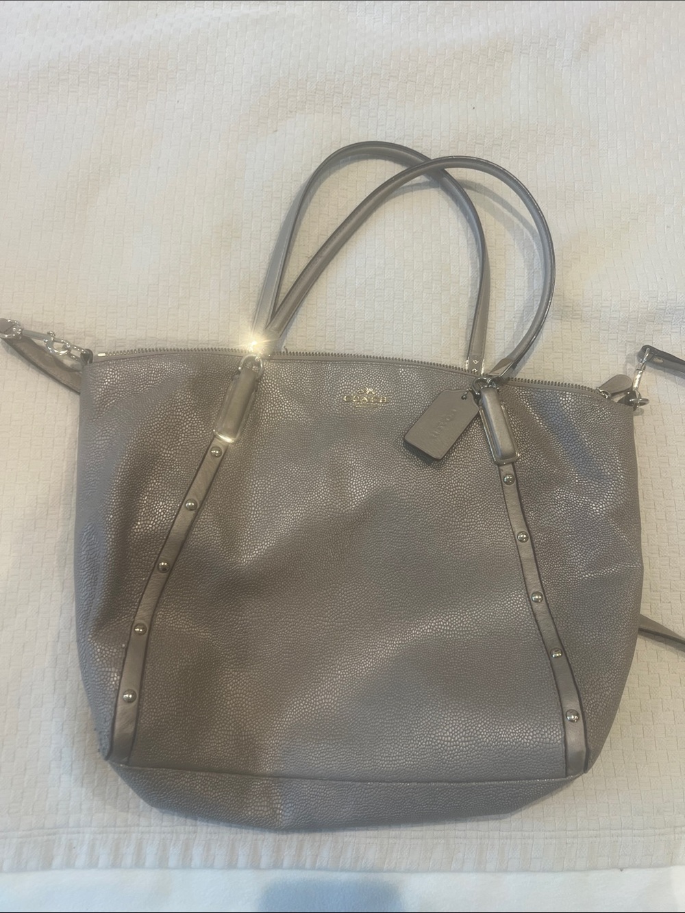Coach Metallic Gray Pebbled Leather Tote with Stud Trim